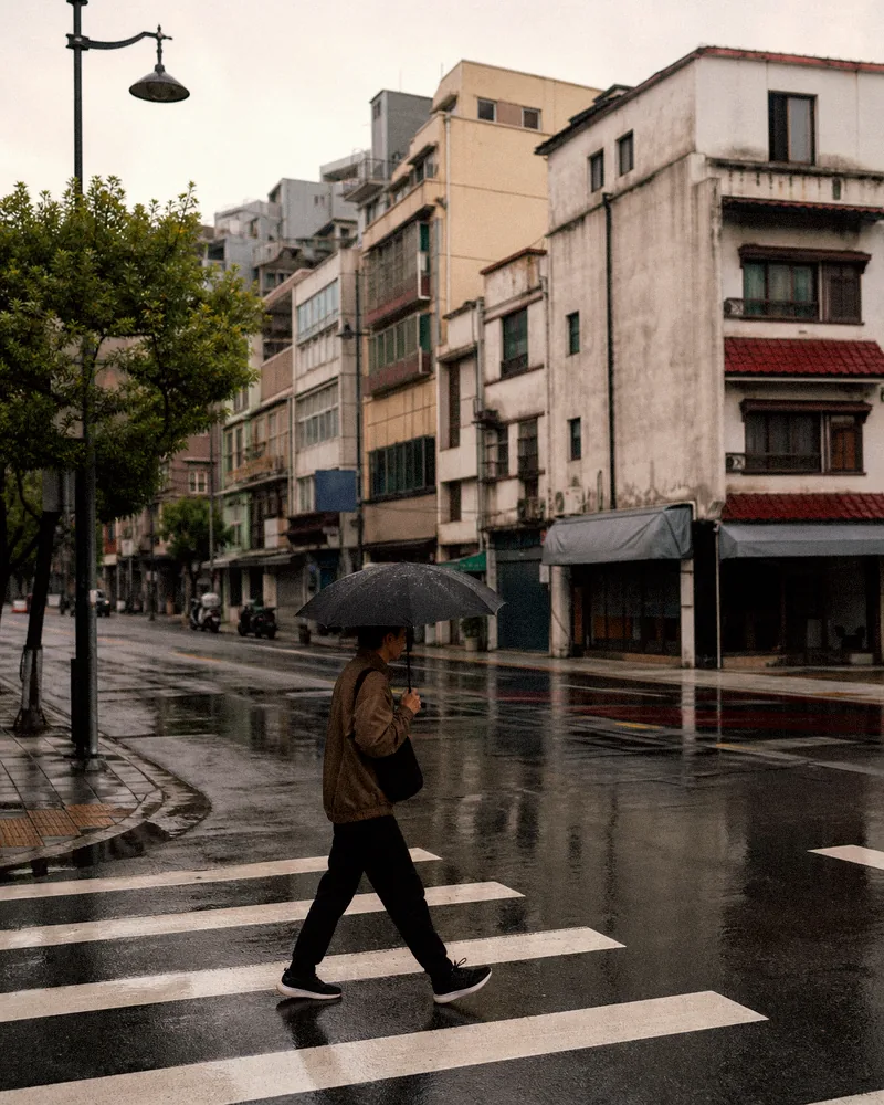 The rainy crosswalk after a warm 35mm film treatment with gentle grain and compact contrast.