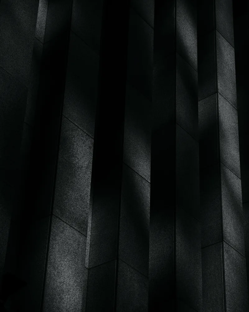 The concrete architecture rendered in Acros-style black and white with separated gray tones and crisp texture.