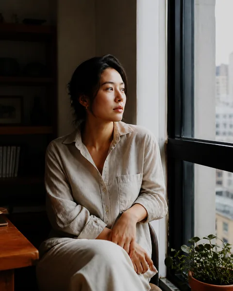 Window-light portrait after a soft Astia film look
