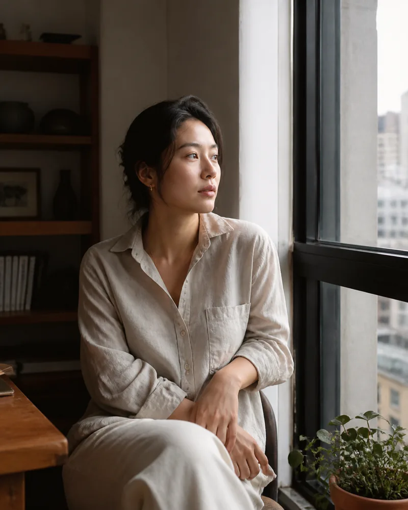 The window portrait with soft glow around bright window light and linen highlights while facial detail stays visible.